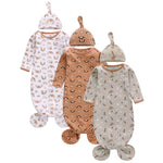 Newborn Knotted Nightgown Long Sleeve with Matching Hat Set 3 Pack, Baby Sleeper Gowns Unisex Home Outfits Set with Mitten Cuffs for Boys Girls