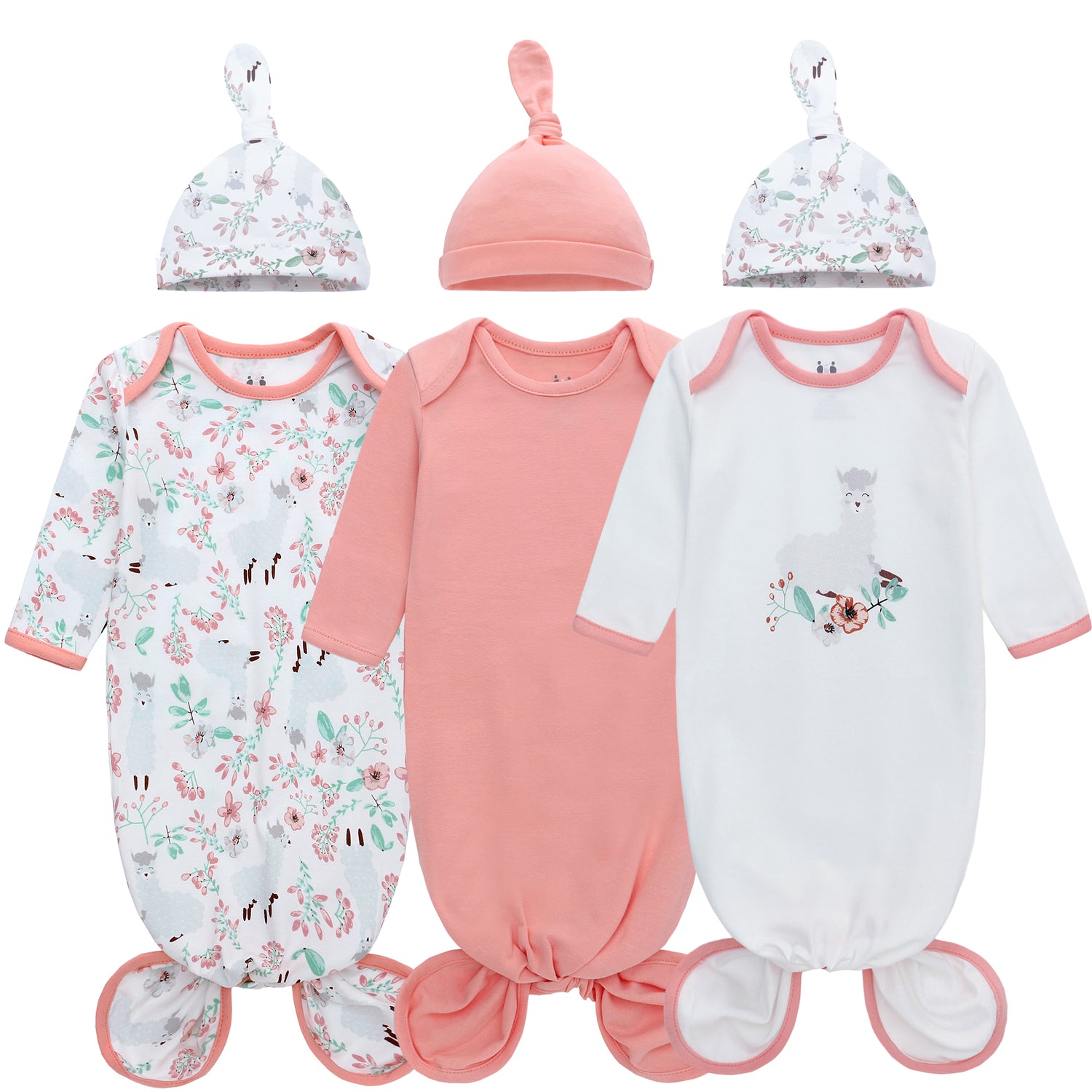 Newborn Knotted Nightgown Long Sleeve with Matching Hat Set 3 Pack, Baby Sleeper Gowns Unisex Home Outfits Set with Mitten Cuffs for Boys Girls