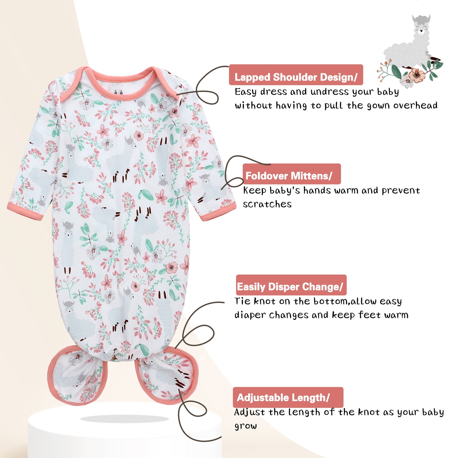 Newborn Knotted Nightgown Long Sleeve with Matching Hat Set 3 Pack, Baby Sleeper Gowns Unisex Home Outfits Set with Mitten Cuffs for Boys Girls